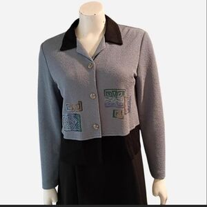 Vintage 90s Positive Attitudes Sz 8P Blue  Cropped Blazer Top W/ Artsy Design